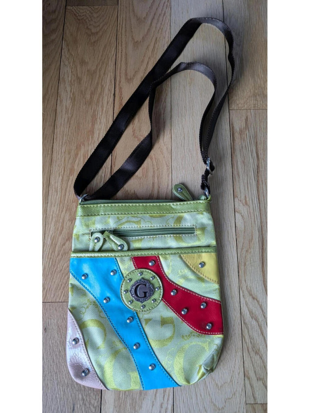 Guess Crossbody Shoulder Purse Metallic Green W/ Blue Leather Adjustable Strap